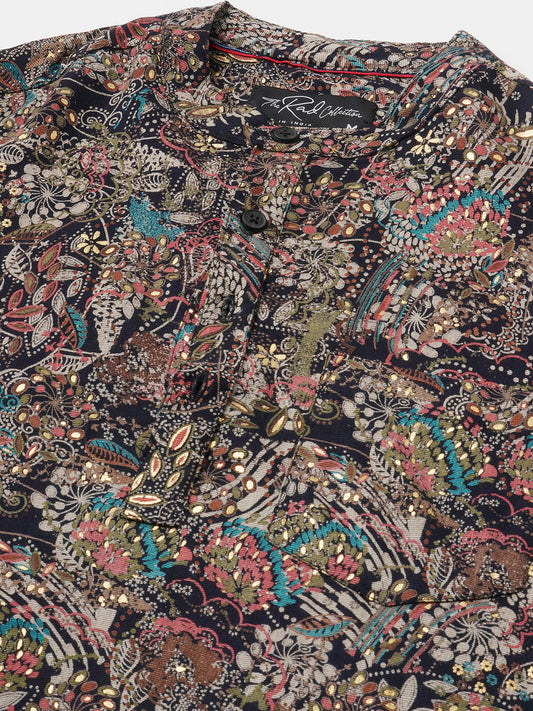 Aesthetic Navy Foil Printed Kurta