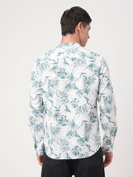 White & Green Tropical Leafy Printed Seersucker Kurta