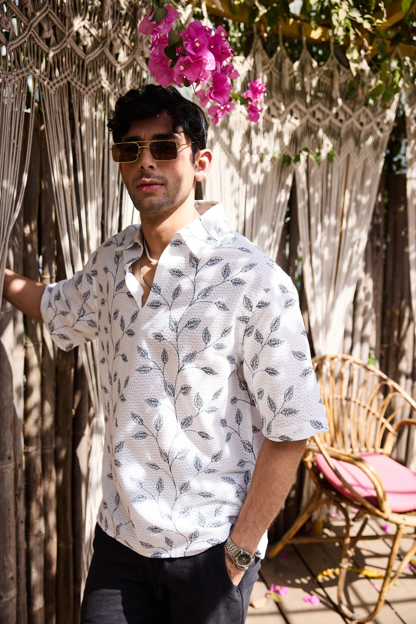 White Leaf Embroidered Crochet Oversized Polo Shirt