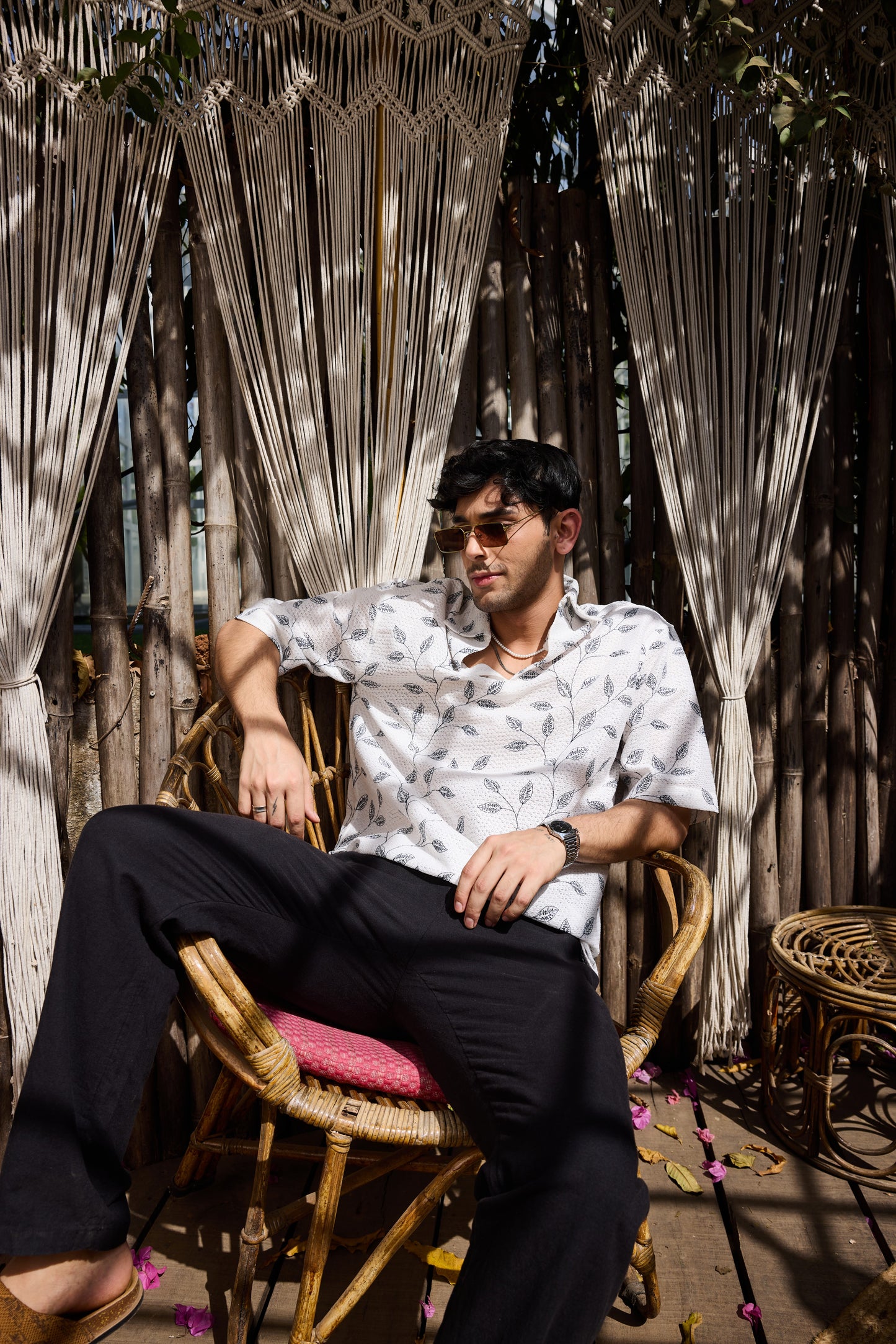 White Leaf Embroidered Crochet Oversized Polo Shirt