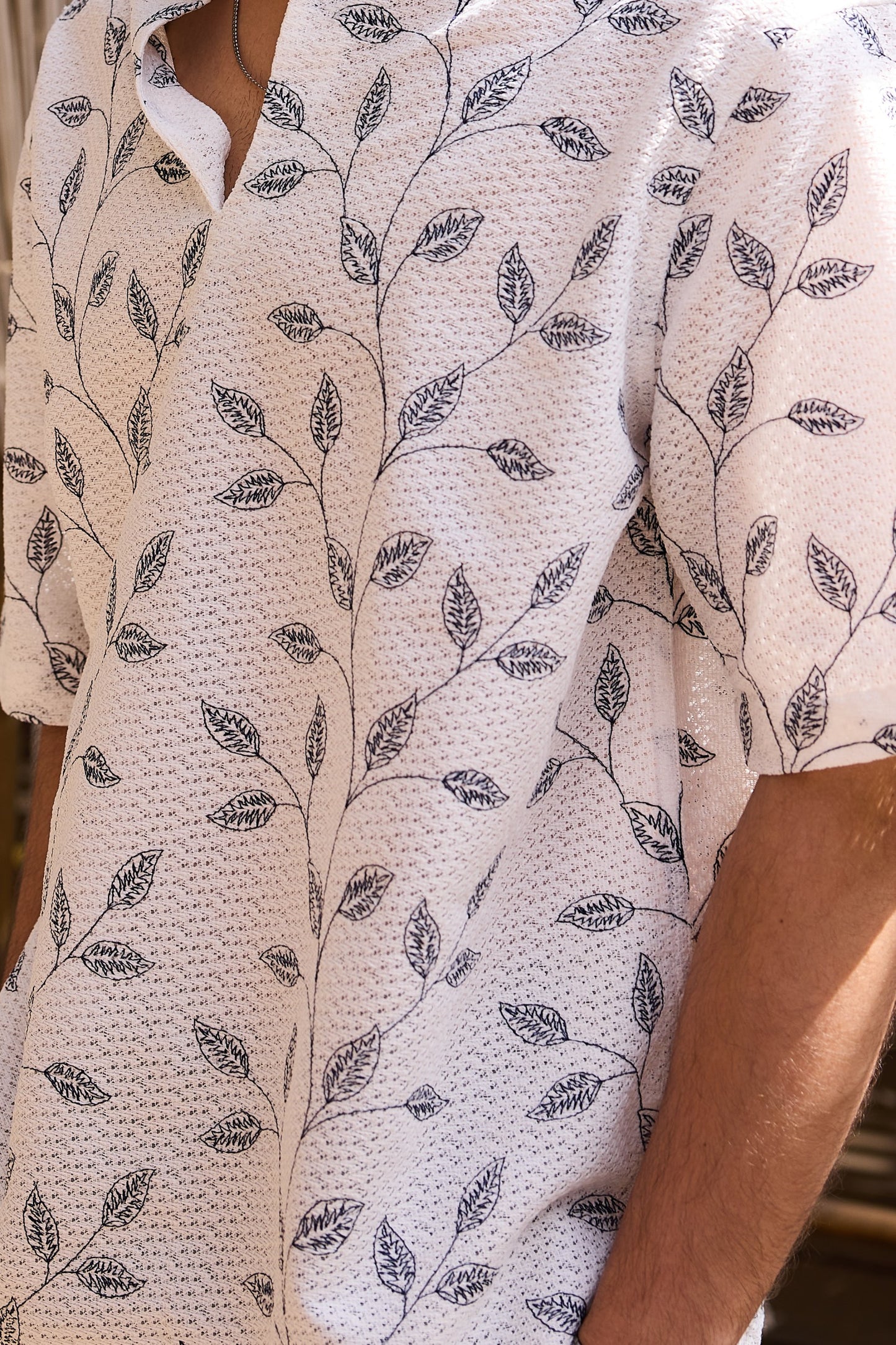 White Leaf Embroidered Crochet Oversized Polo Shirt