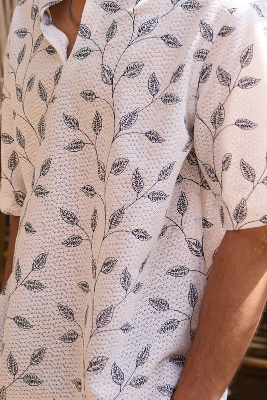 White Leaf Embroidered Crochet Oversized Polo Shirt