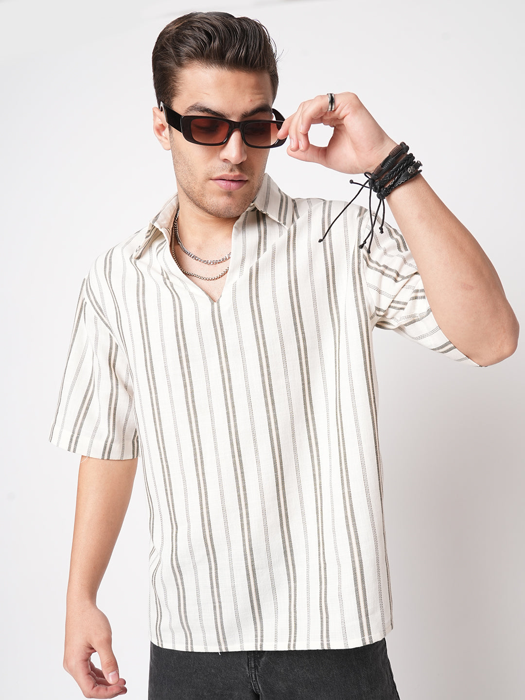 Olive & White Vertical Stripes Polo Shirt