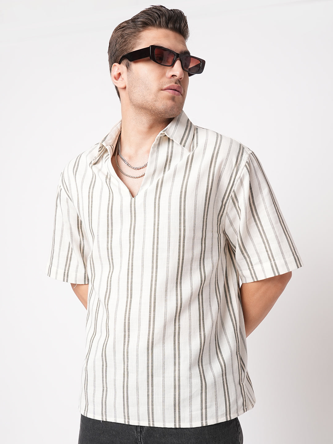 Olive & White Vertical Stripes Polo Shirt