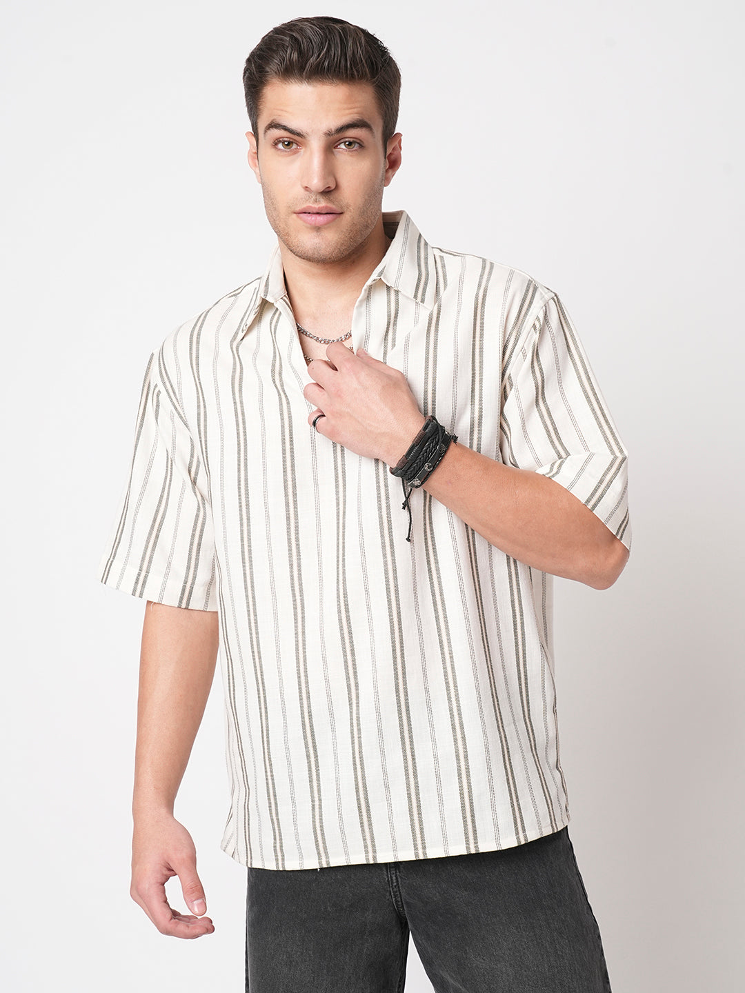 Olive & White Vertical Stripes Polo Shirt