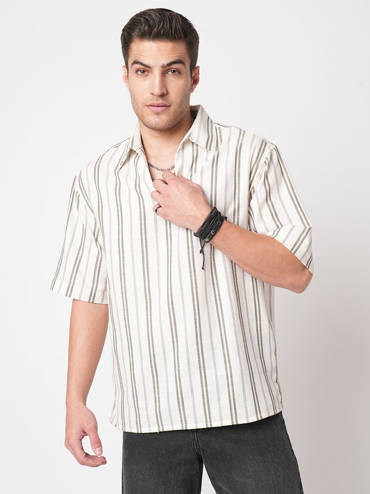 Olive & White Vertical Stripes Polo Shirt