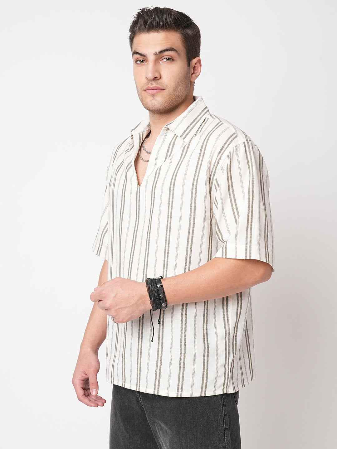 Olive & White Vertical Stripes Polo Shirt