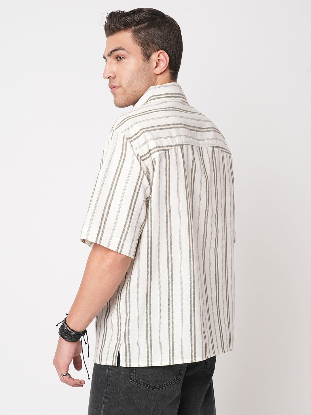 Olive & White Vertical Stripes Polo Shirt
