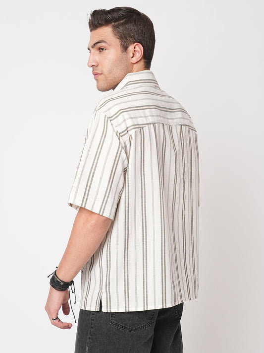 Olive & White Vertical Stripes Polo Shirt