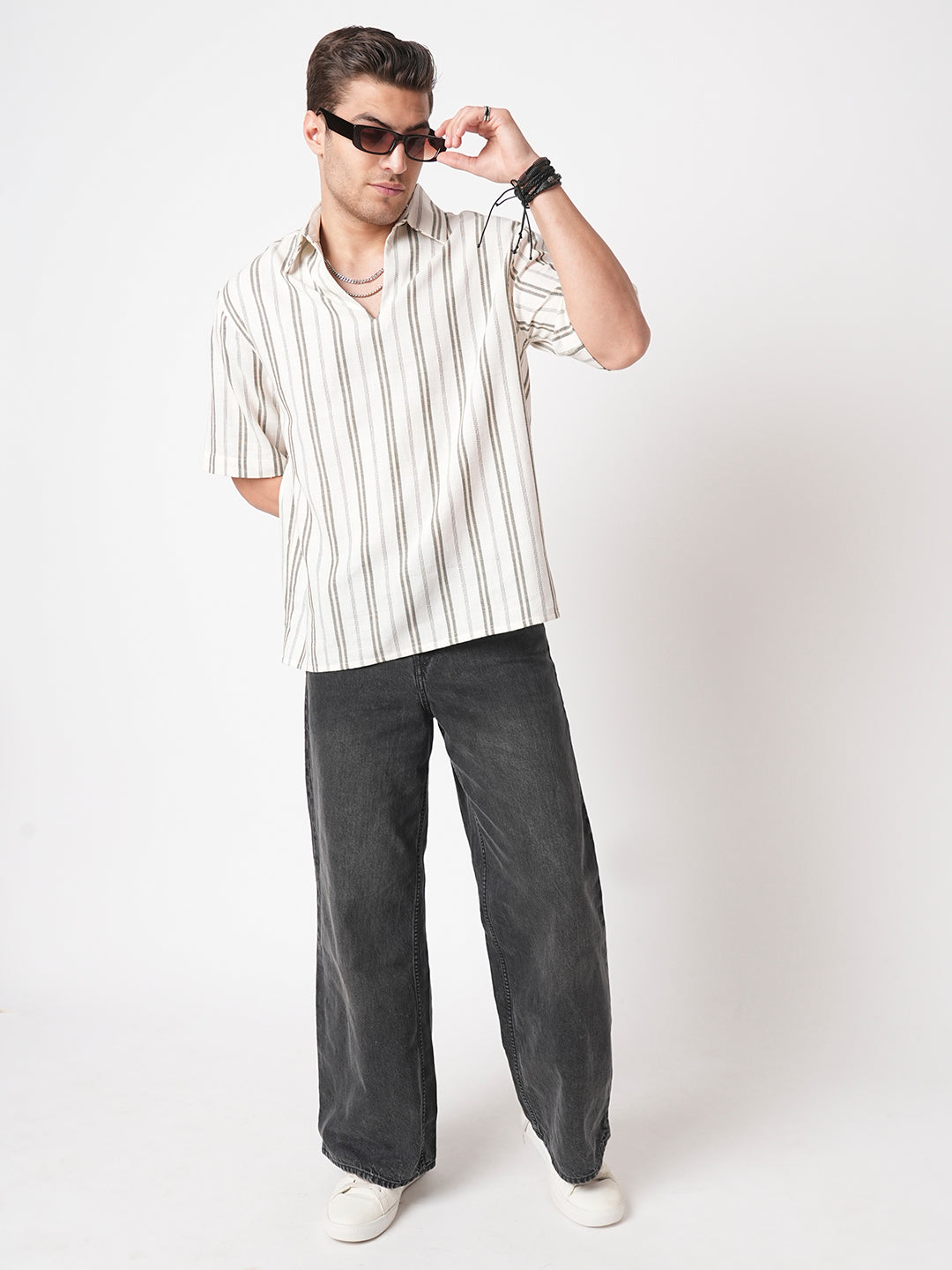 Olive & White Vertical Stripes Polo Shirt