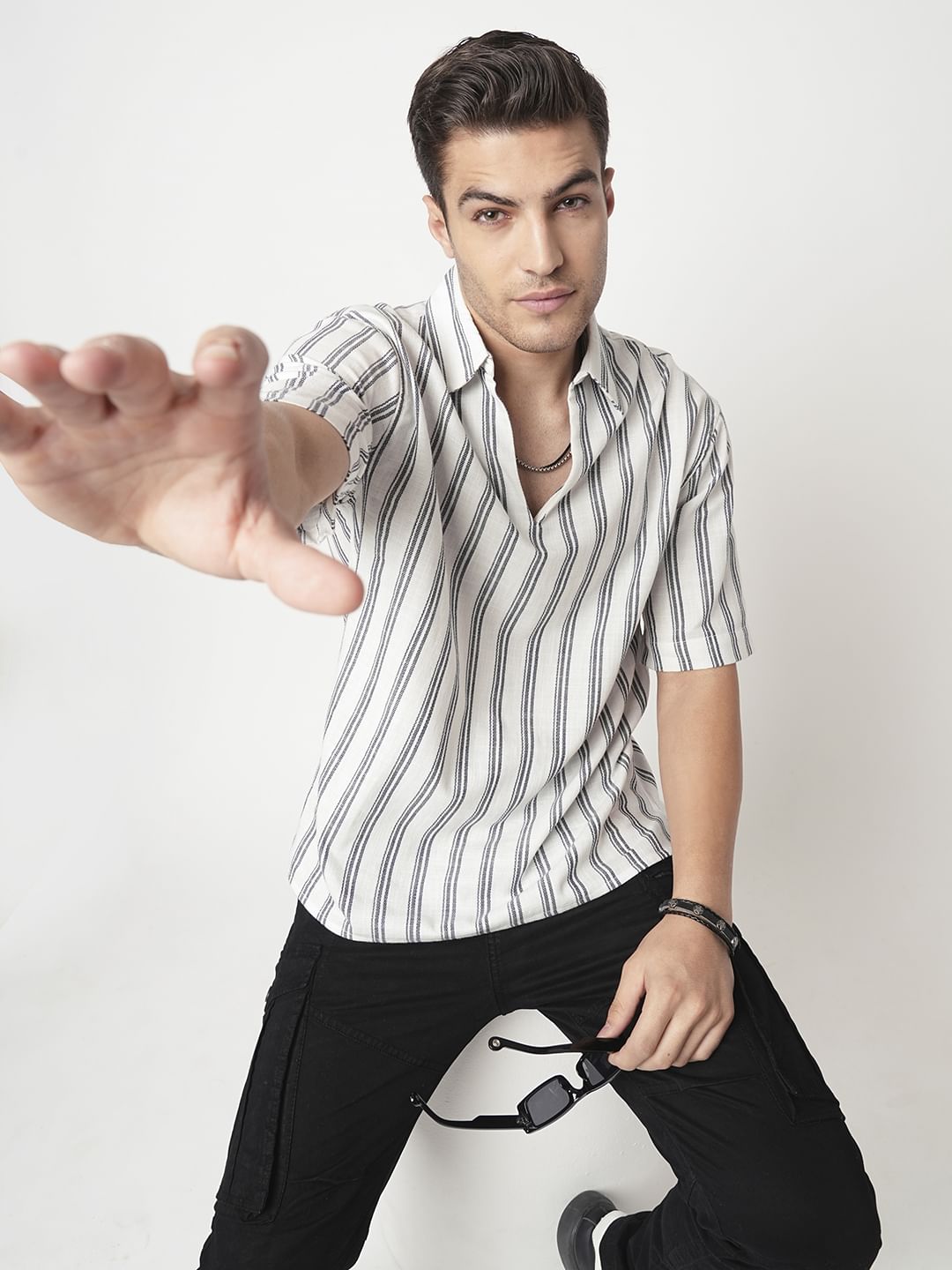 Navy & Off-White Striped Oversized Polo Shirt