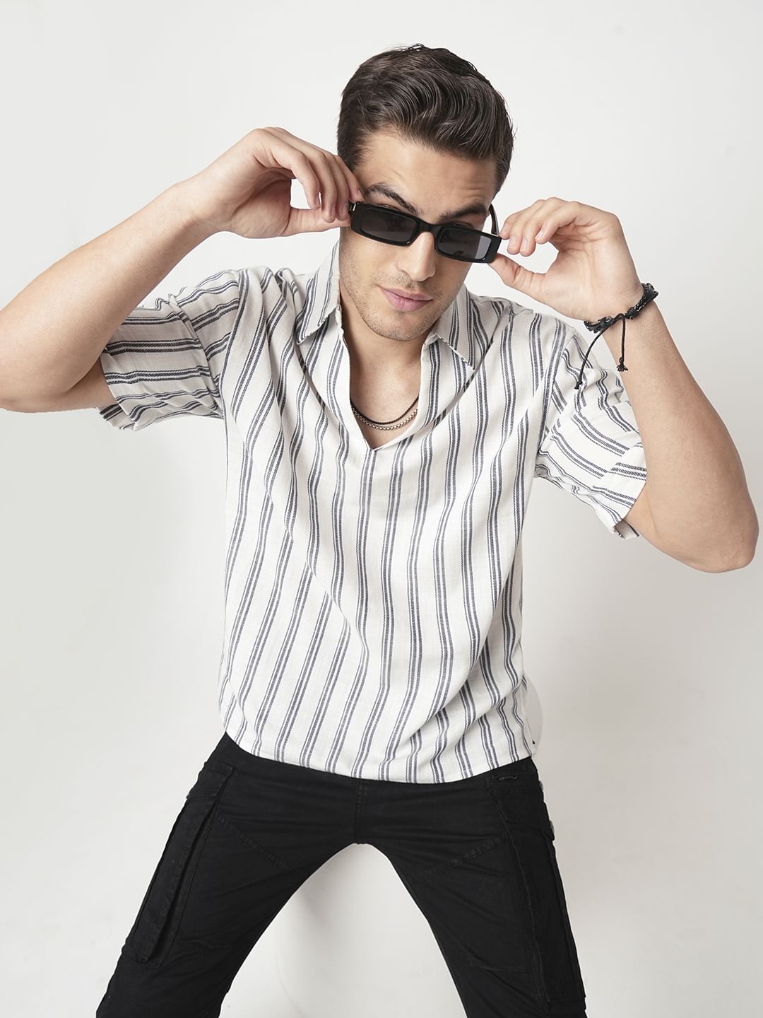 Navy & Off-White Striped Oversized Polo Shirt