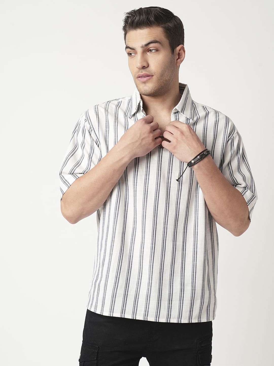 Navy & Off-White Striped Oversized Polo Shirt