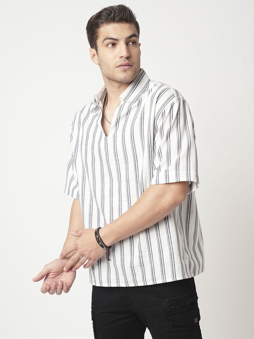 Navy & Off-White Striped Oversized Polo Shirt