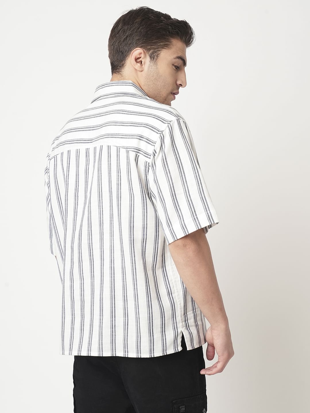 Navy & Off-White Striped Oversized Polo Shirt