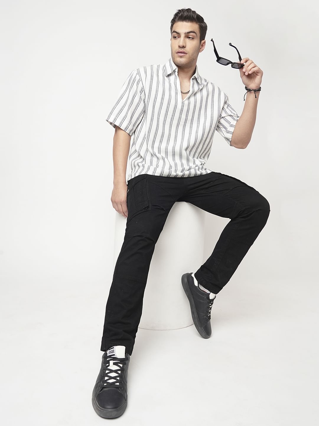 Navy & Off-White Striped Oversized Polo Shirt