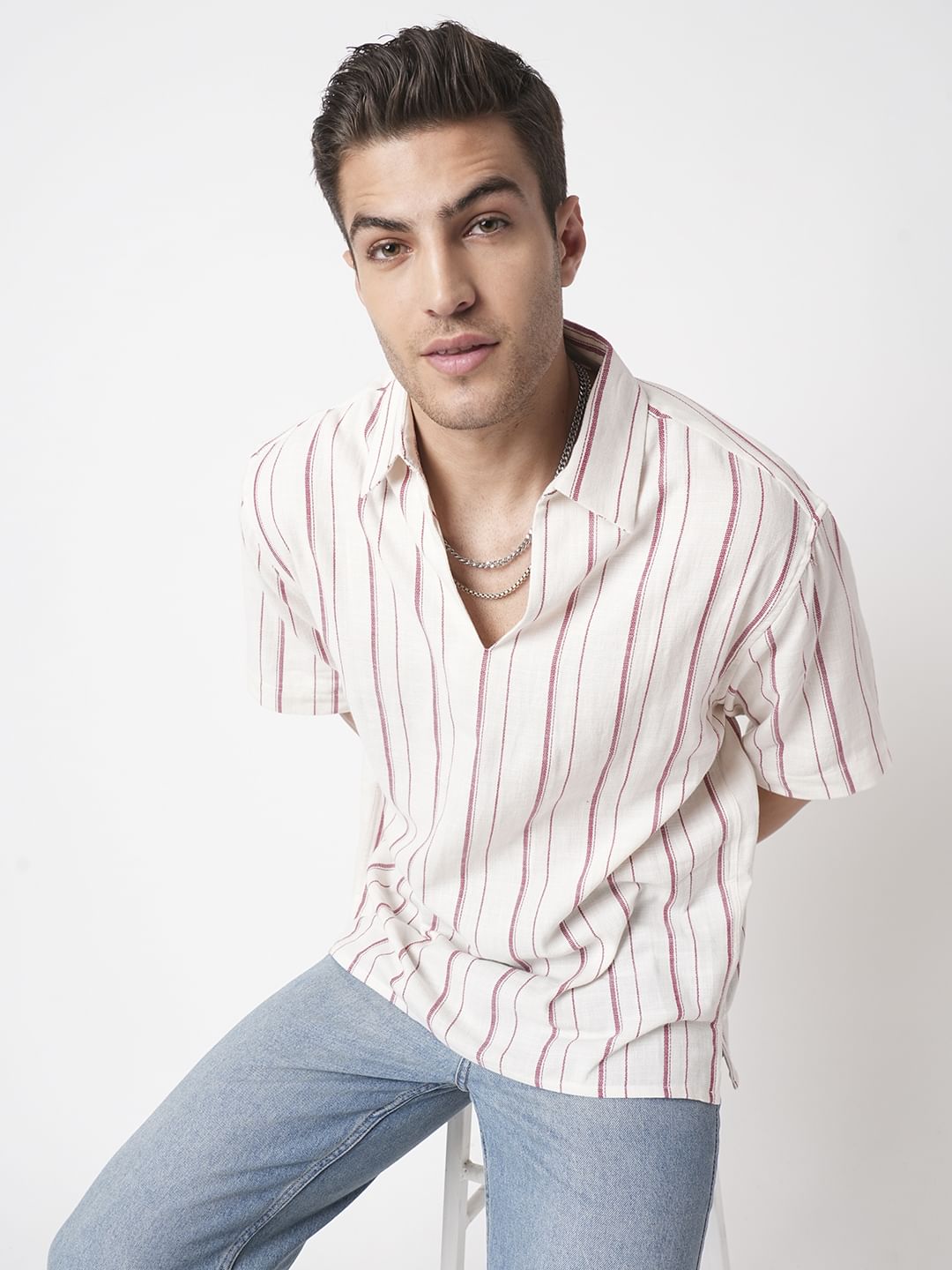 Berry Red & Off-White Striped Oversized Polo Shirt