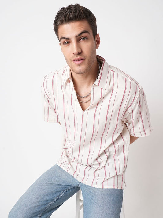 Berry Red & Off-White Striped Oversized Polo Shirt