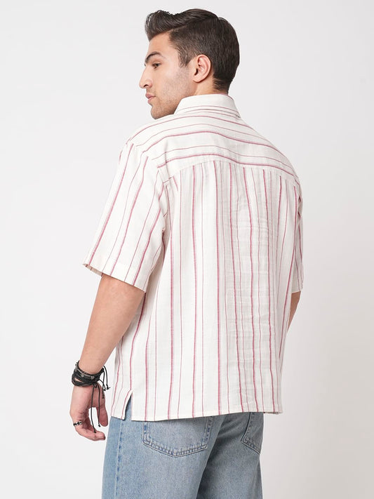Berry Red & Off-White Striped Oversized Polo Shirt