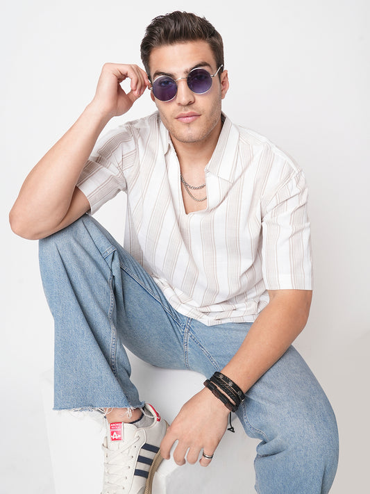 Ivory & Beige Vertical Stripe Polo Oversized Shirt