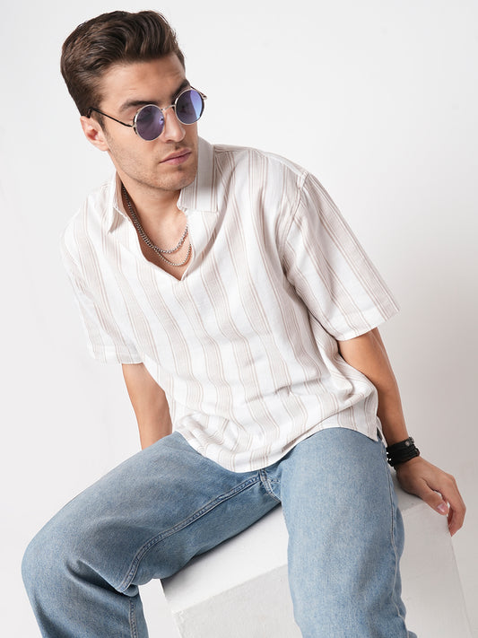 Ivory & Beige Vertical Stripe Polo Oversized Shirt