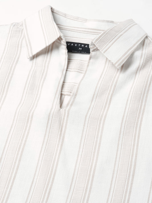 Ivory & Beige Vertical Stripe Polo Oversized Shirt