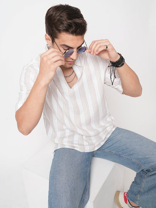 Ivory & Beige Vertical Stripe Polo Oversized Shirt