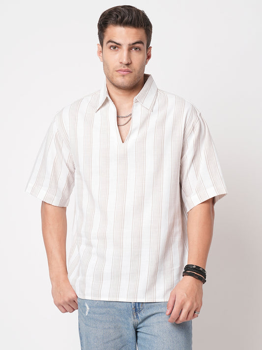 Ivory & Beige Vertical Stripe Polo Oversized Shirt