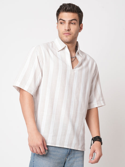Ivory & Beige Vertical Stripe Polo Oversized Shirt