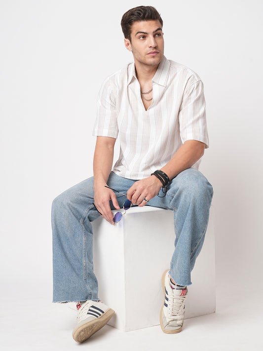 Ivory & Beige Vertical Stripe Polo Oversized Shirt