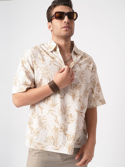 Tan Beige Leaf Printed Seersucker Oversized Polo Shirt