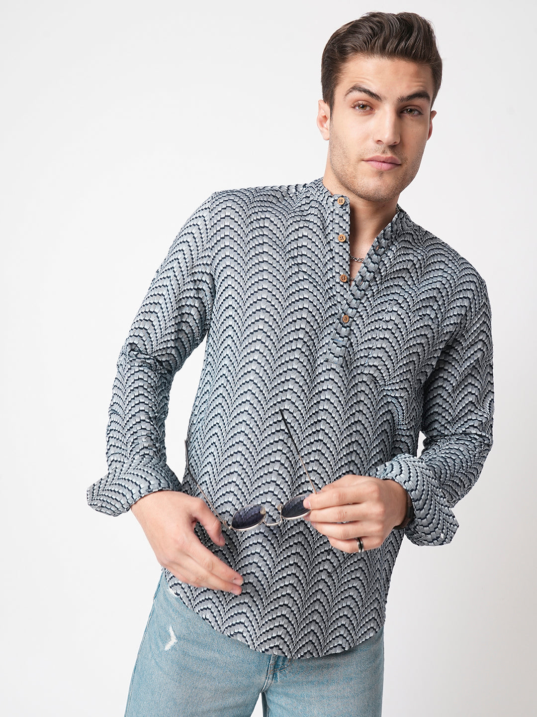 Grey & Navy Jacquard Weaved Kurta