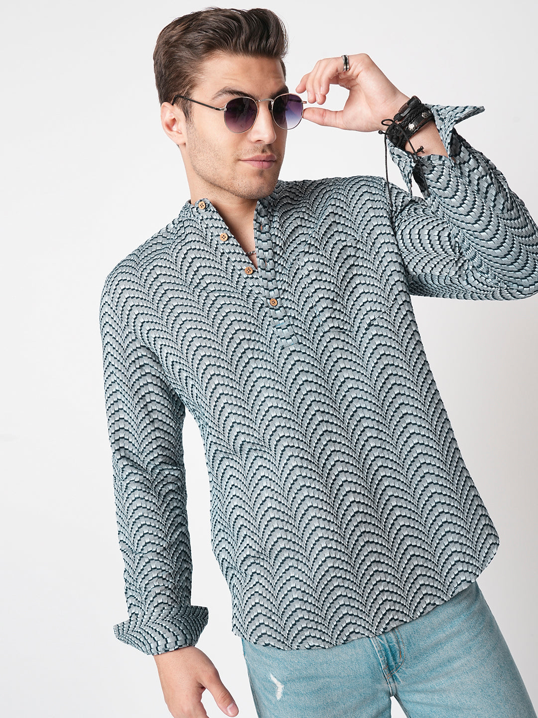 Grey & Navy Jacquard Weaved Kurta