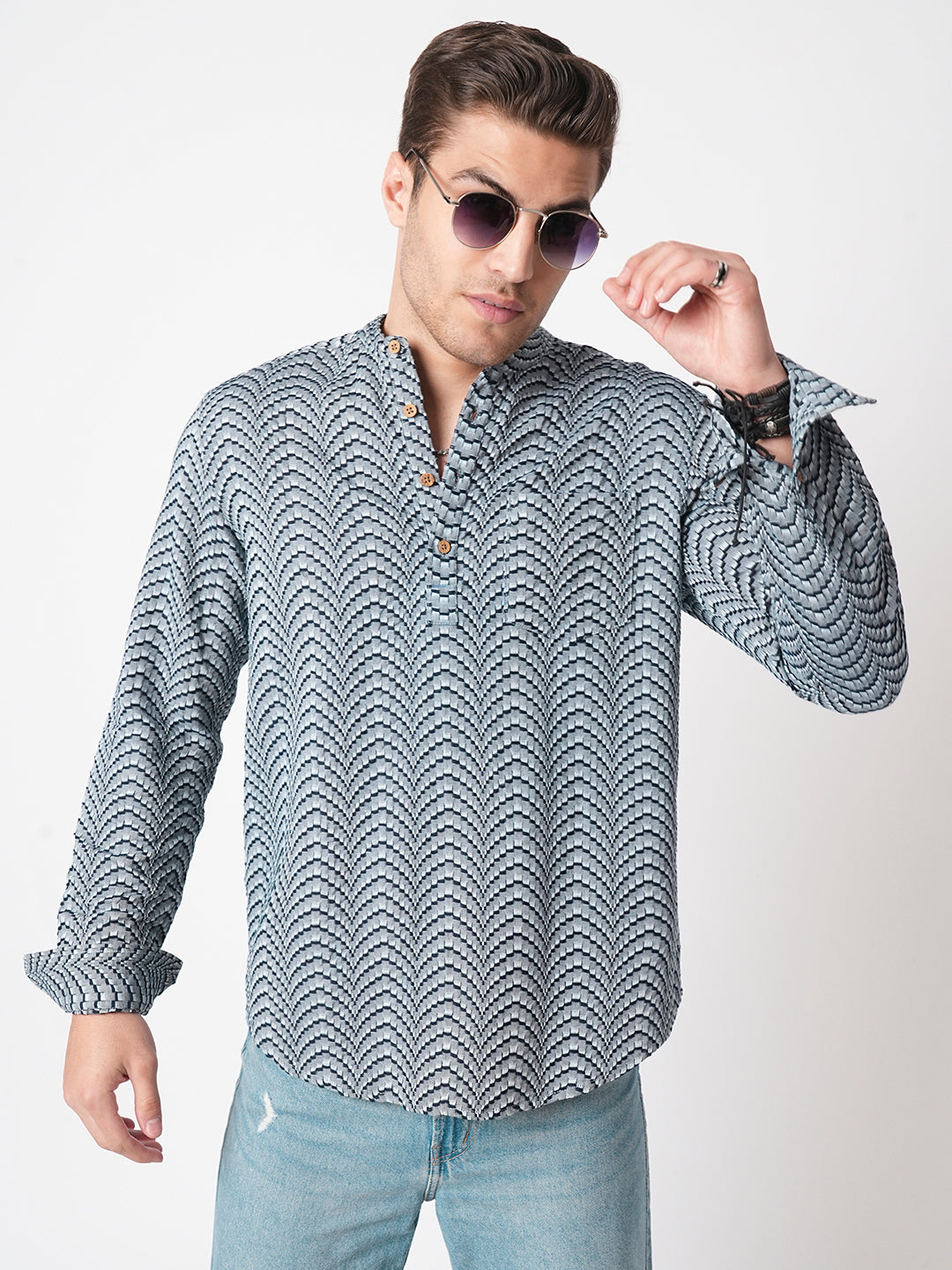 Grey & Navy Jacquard Weaved Kurta