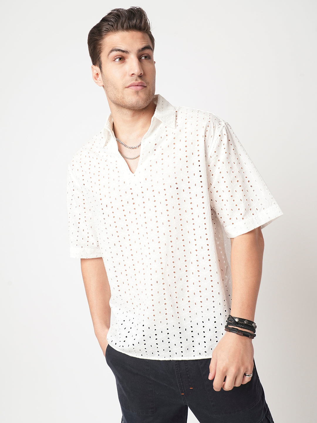 Modish White Schiffli Oversized Polo Shirt