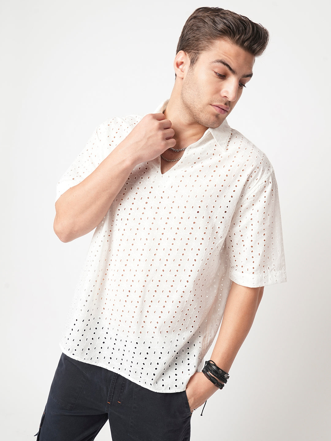 Modish White Schiffli Oversized Polo Shirt