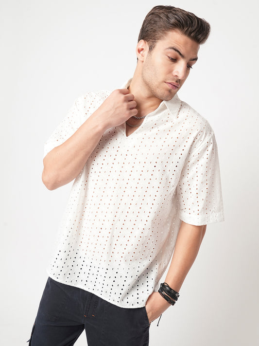 Modish White Schiffli Oversized Polo Shirt
