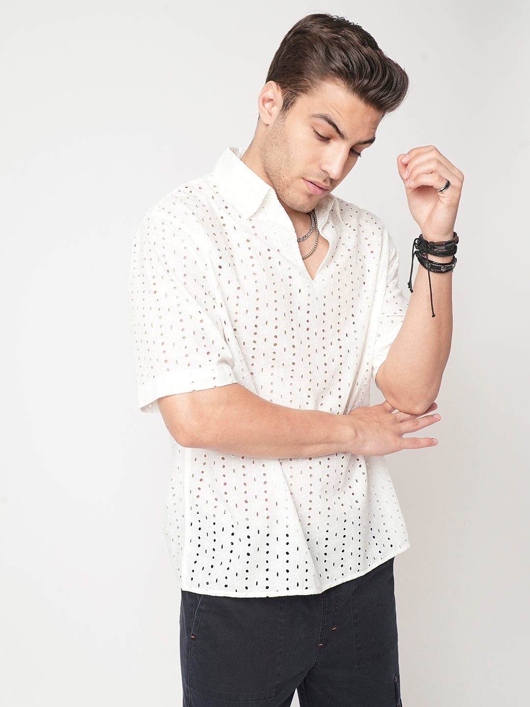 Modish White Schiffli Oversized Polo Shirt