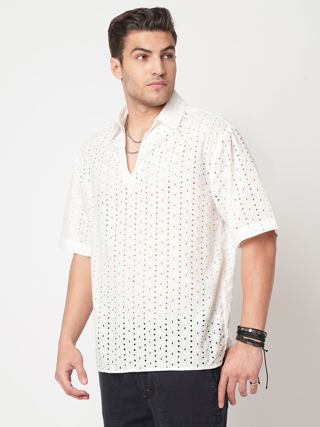 Modish White Schiffli Oversized Polo Shirt