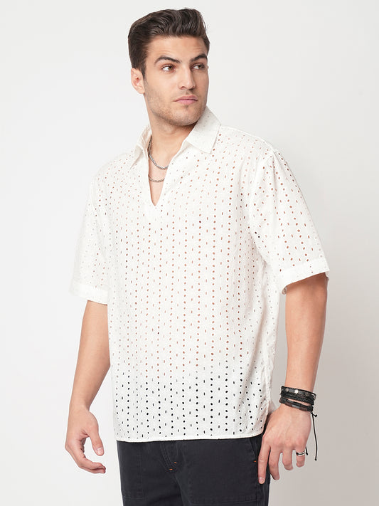 Modish White Schiffli Oversized Polo Shirt