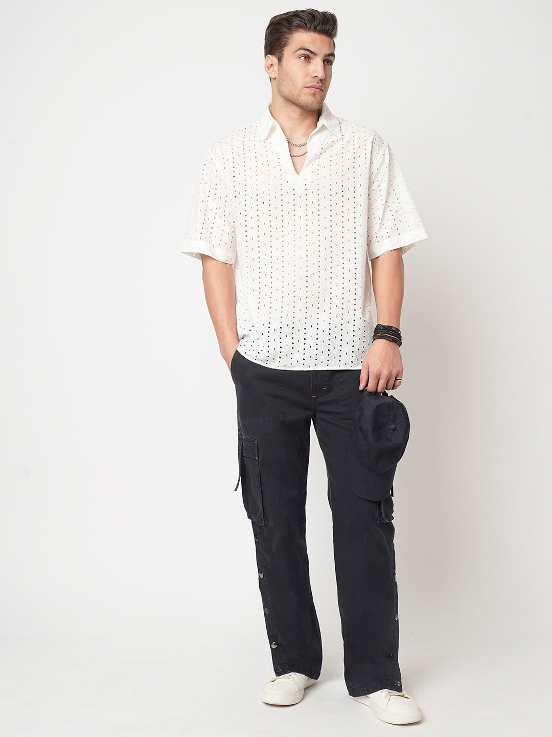 Modish White Schiffli Oversized Polo Shirt