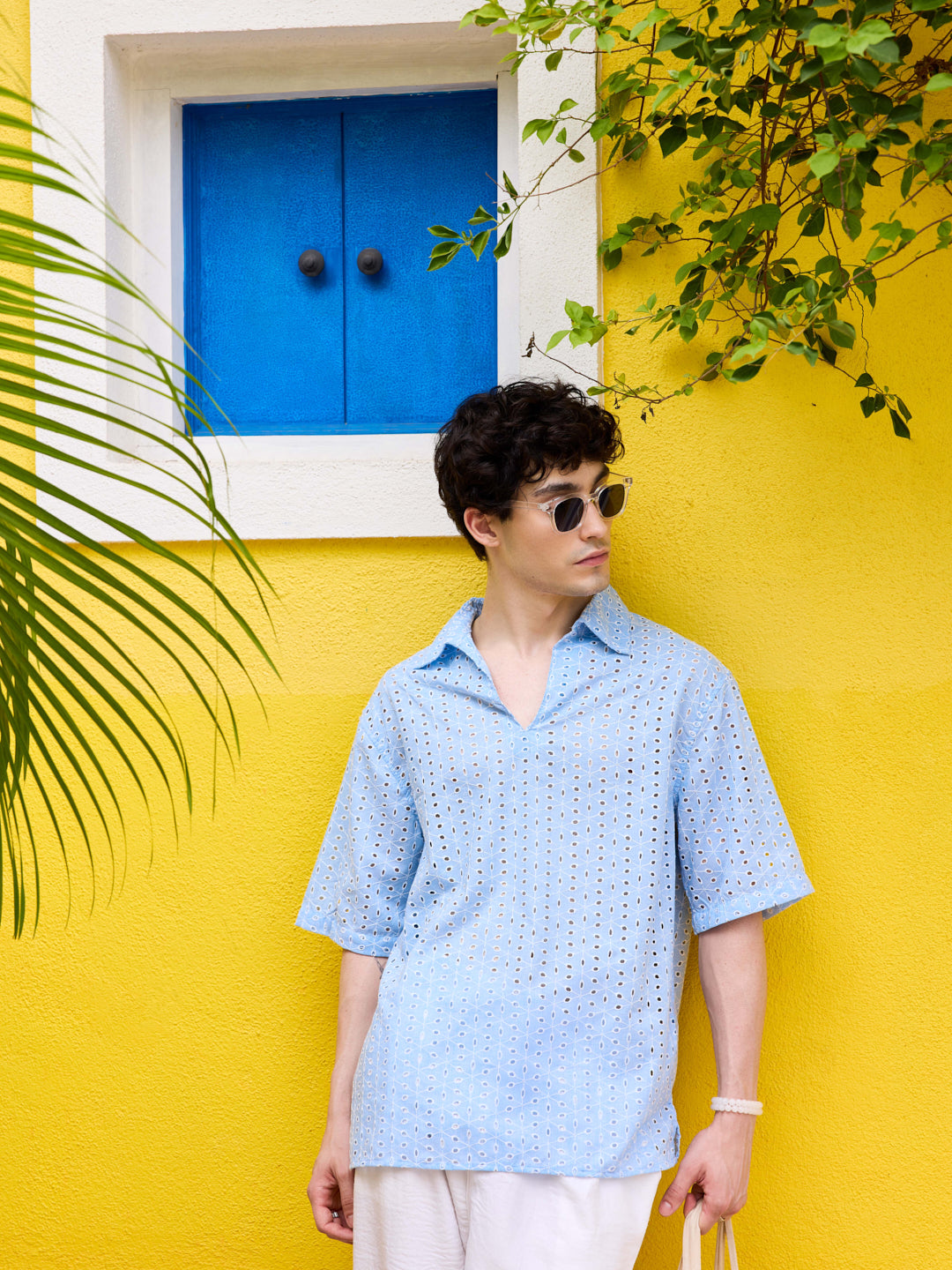 Modish Maya Blue Schiffli Oversized Polo Shirt