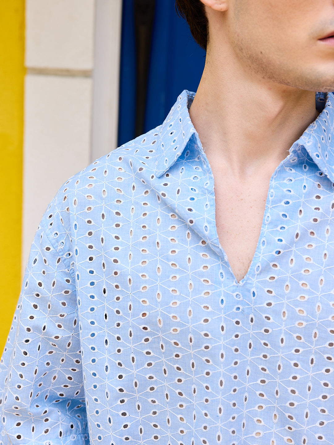 Modish Maya Blue Schiffli Oversized Polo Shirt