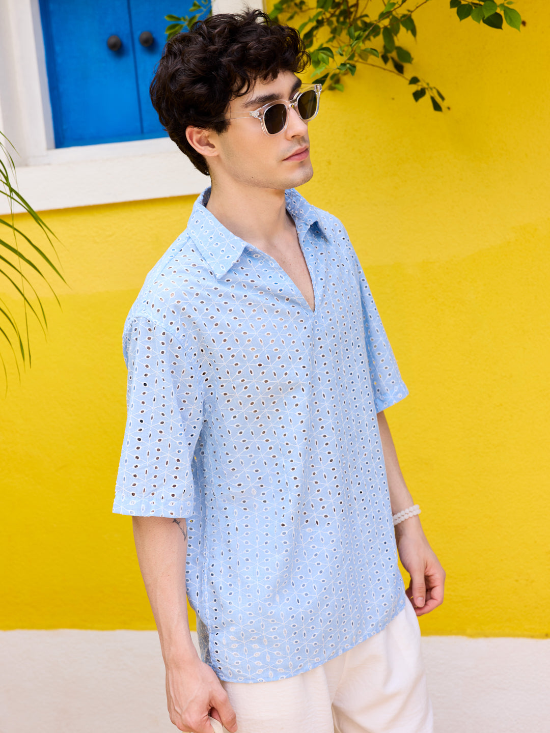 Modish Maya Blue Schiffli Oversized Polo Shirt
