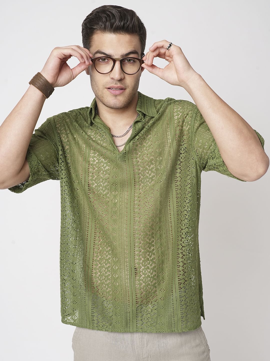 Moss Green Crochet Oversized Polo Shirt