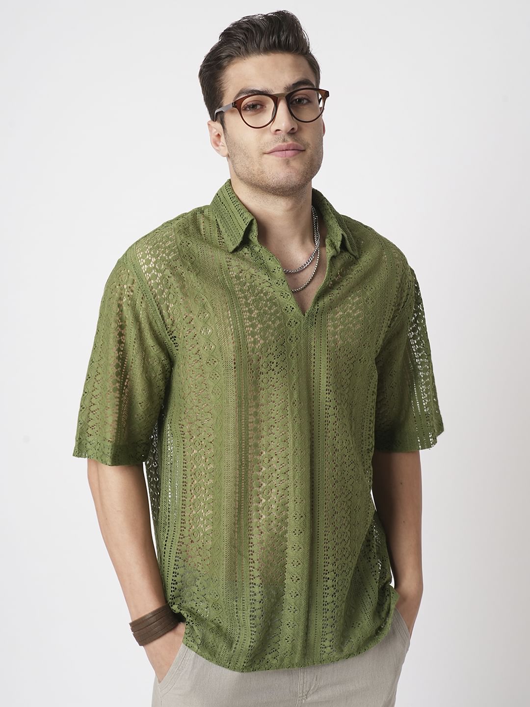 Moss Green Crochet Oversized Polo Shirt