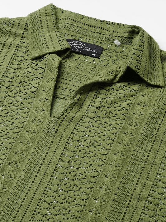 Moss Green Crochet Oversized Polo Shirt
