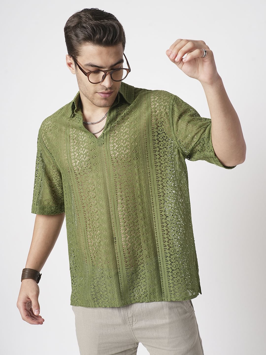 Moss Green Crochet Oversized Polo Shirt