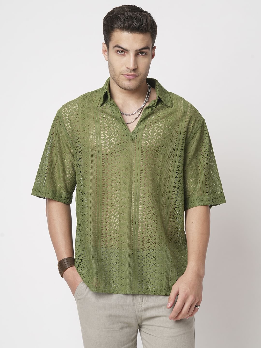 Moss Green Crochet Oversized Polo Shirt