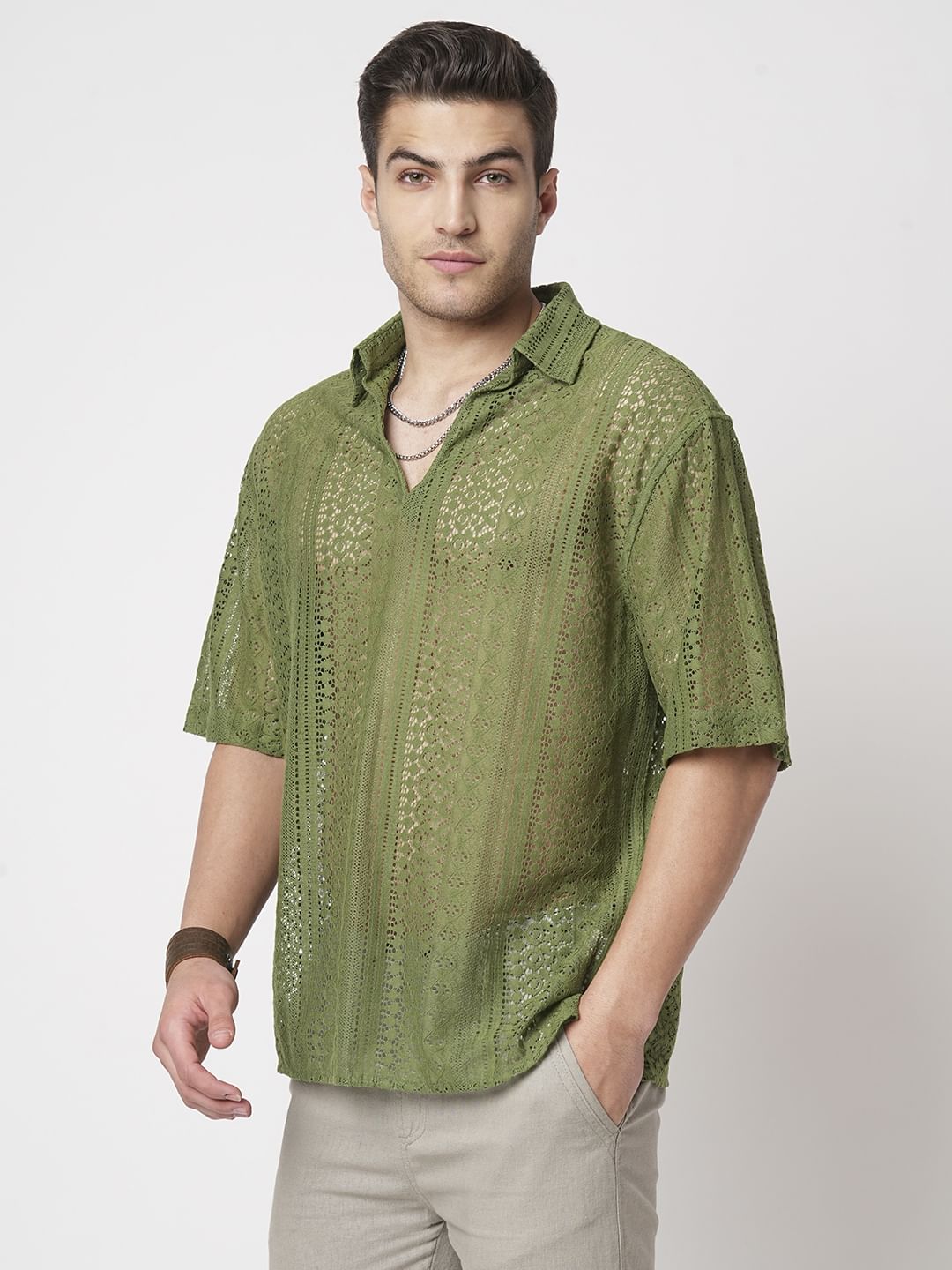 Moss Green Crochet Oversized Polo Shirt